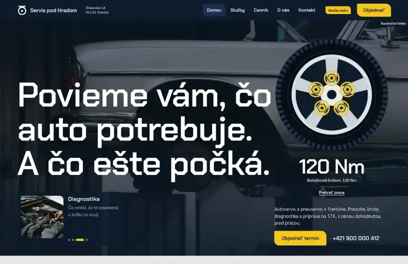 Servis pod Hradom. Autowerkstatt und Reifenservice. Ansicht am Computer.