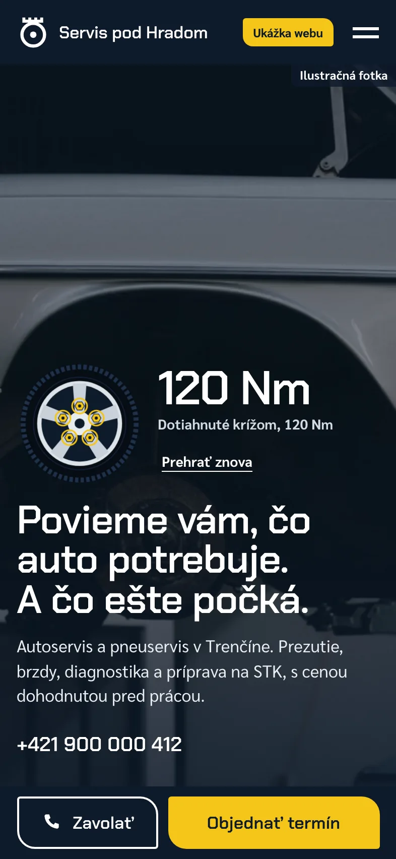 Servis pod Hradom. Car and tyre service. The view on a phone.